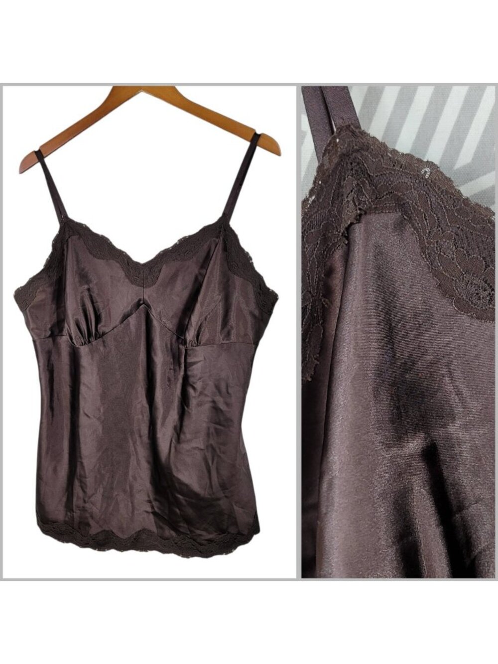 Babydoll Cami Tank Top Plus 2X Satin Lace Y2K Vintage Fairy Brown Aqua Blues